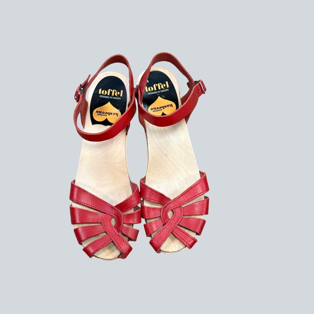 Swedish Hasbeens Toffel Red Leather Strappy Wood Clog Sandals Women's EU 38